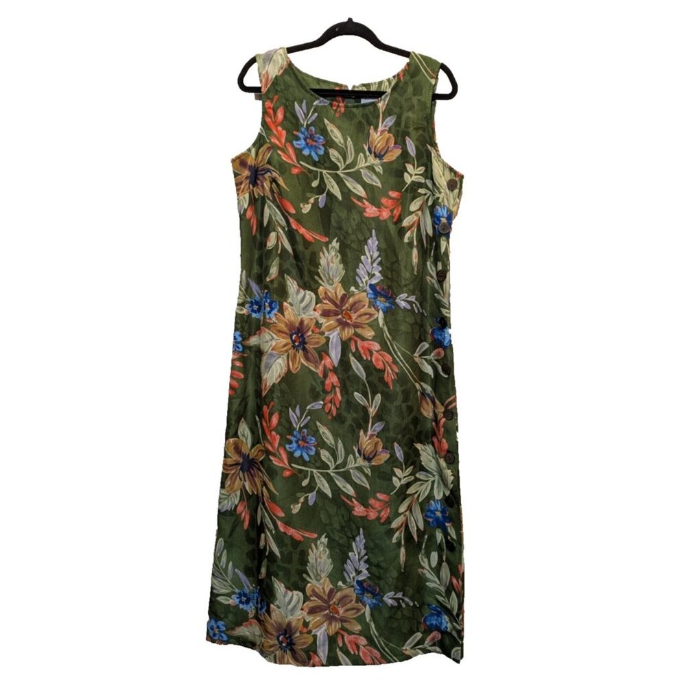 Y2K White Stag Floral Palm Midi to Maxi Dress Lg 12/14 Sleeveless Side Buttons